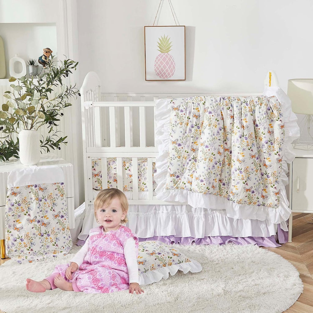 Wildflower Butterfly Crib Bedding Sets for Girls Nursery Set Piece Farmhouse Quilt Comforter Set, Baby or Toddler
