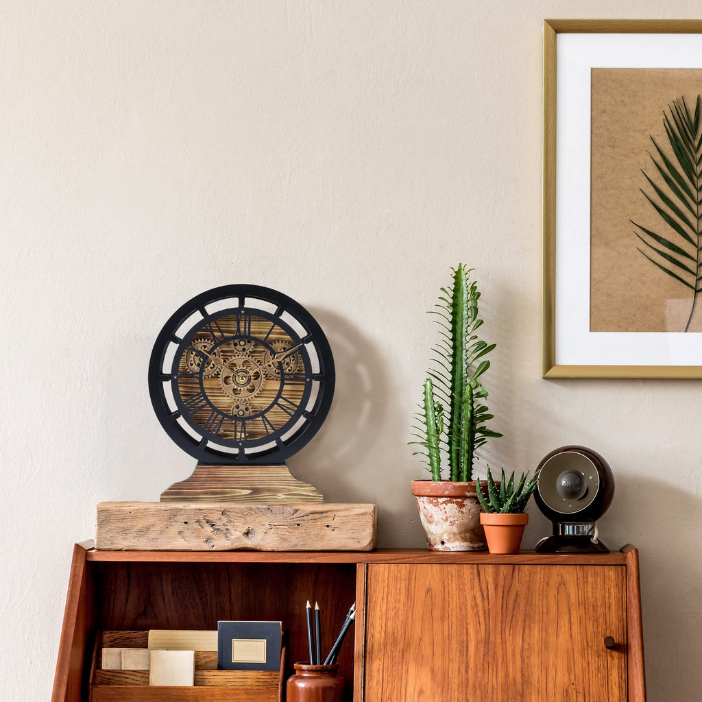 Moving Gears Clock Convertible into Wall Clock, Rustic Mantel Clocks, Brown and Black Vintage Desk Clock 10 Inch