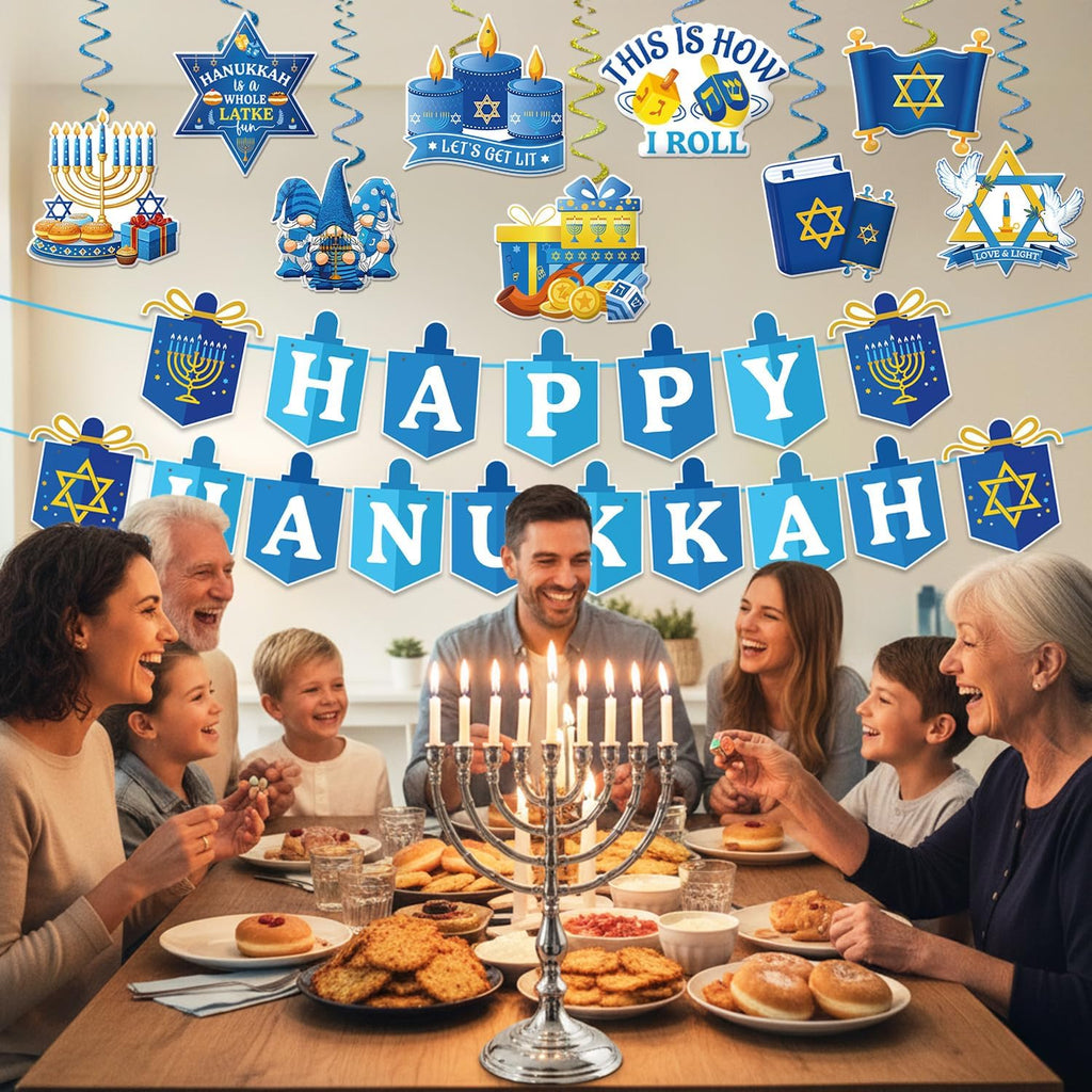 Hanukkah Decorations Blue and White Happy Hanukkah Banner and Hanging Swirls Need DIY Chanukah Party Decor - Set of 14