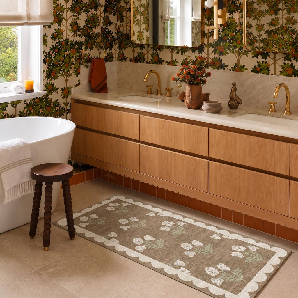 Tan Rug Runner, Boho Floral Scalloped Laundry Room Rug Non-Slip