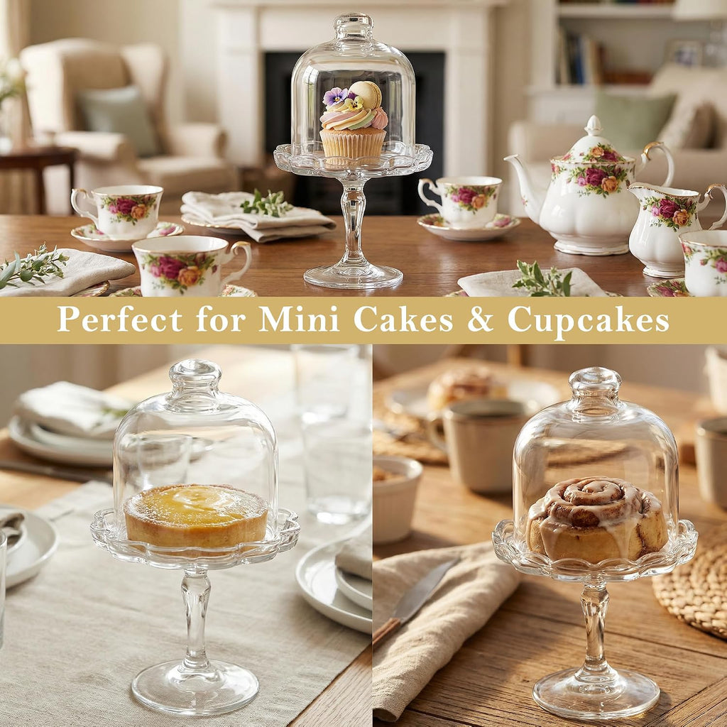 Glass Mini Cake Stand with Clear Dome Lid, Elegant Pedestal Cupcake Stand, Clear Glass Cake Dome for Cake Storage