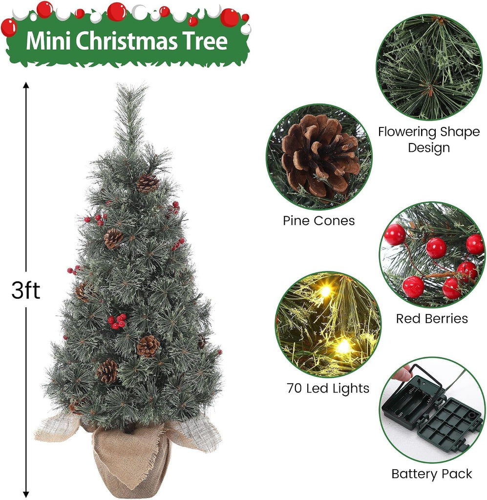 3FT Mini Christmas Tree, Prelit 78 LED Warm White, Tabletop Flocked, Green