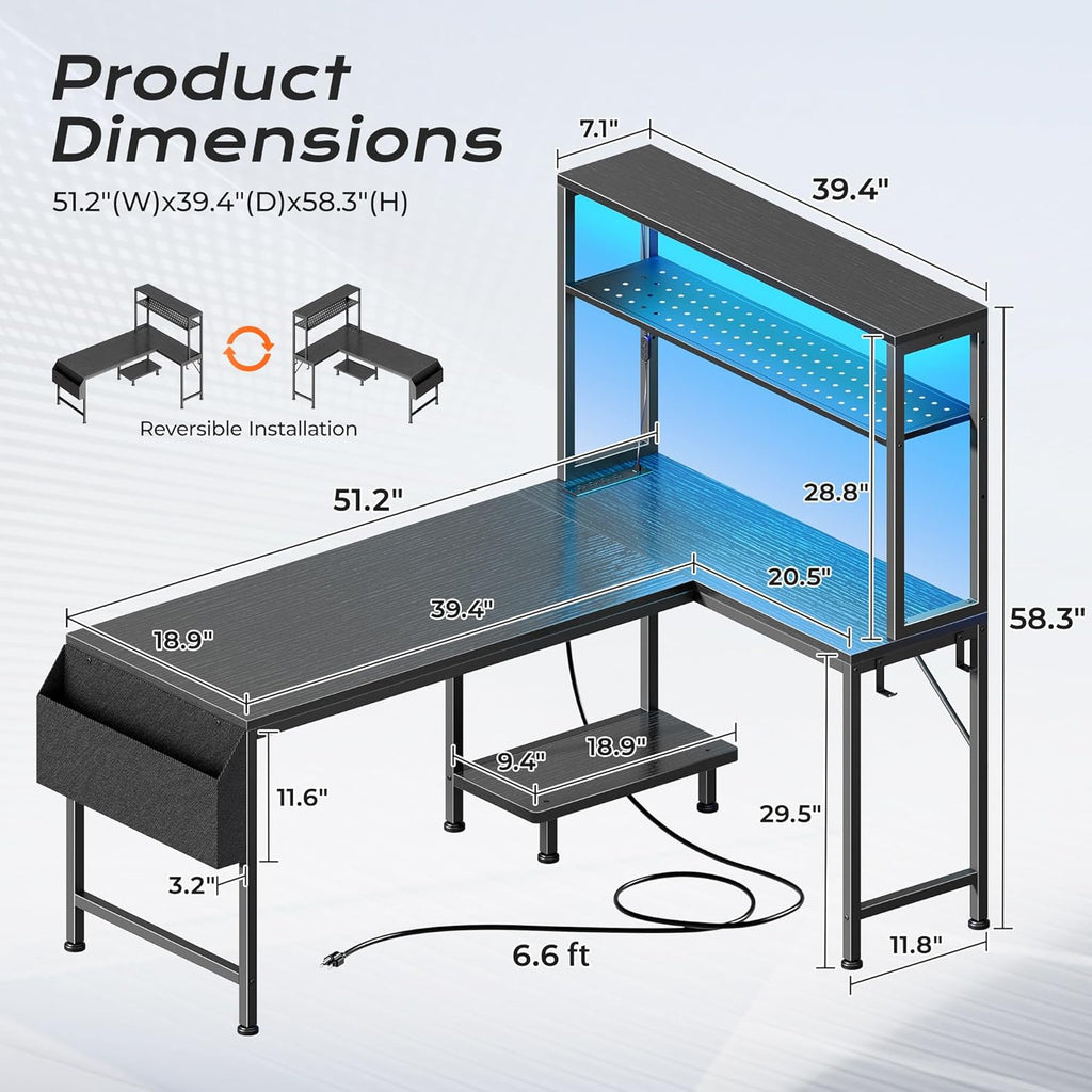 L Shaped Gaming Desk with LED Lights & Power Outlets | Reversible Computer Desk with Storage Shelves & Bag, Large