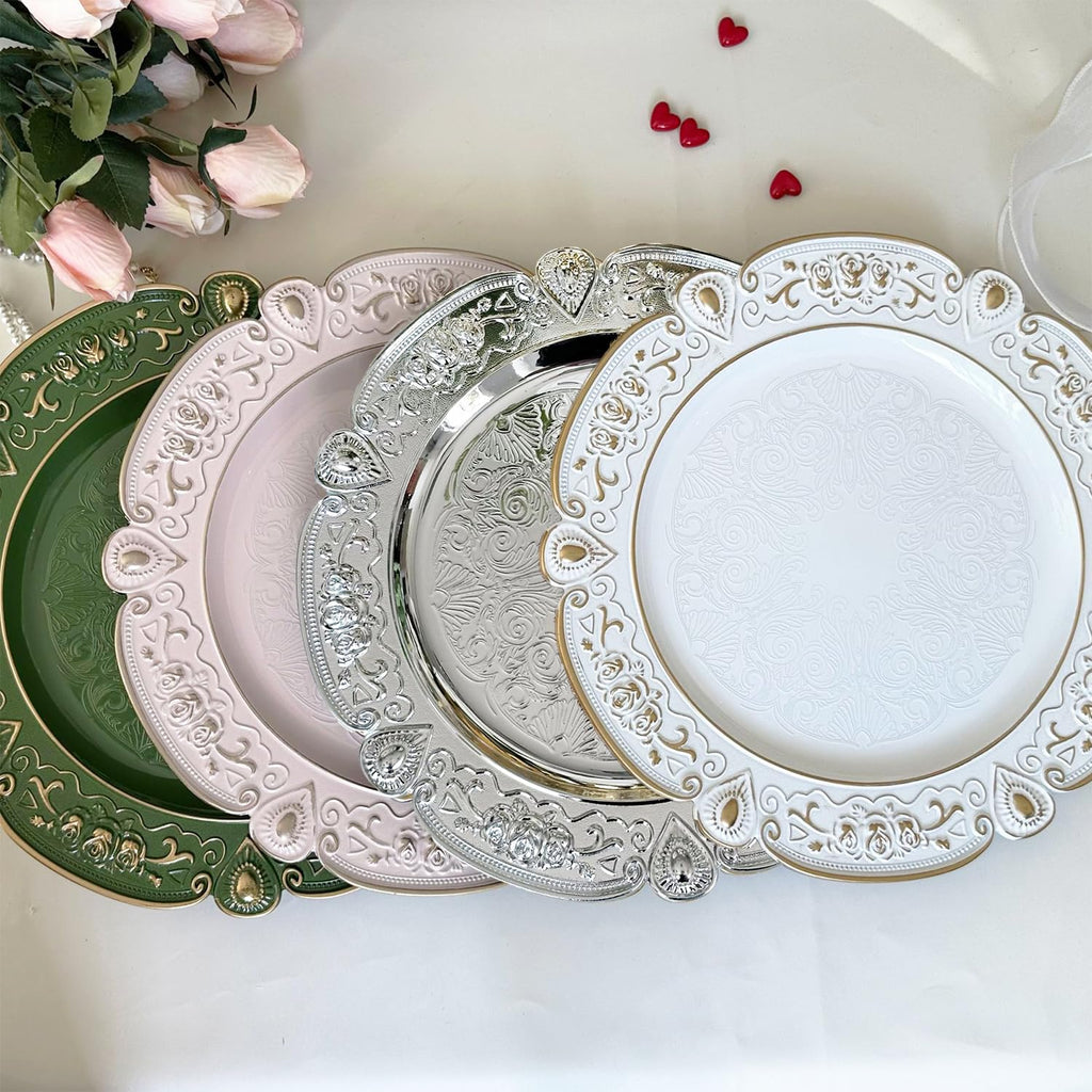 13" Green Charger Plates Set of 6 Floral Embossed Chargers for Dinner Plates, Round Server Ware Charger Plates for