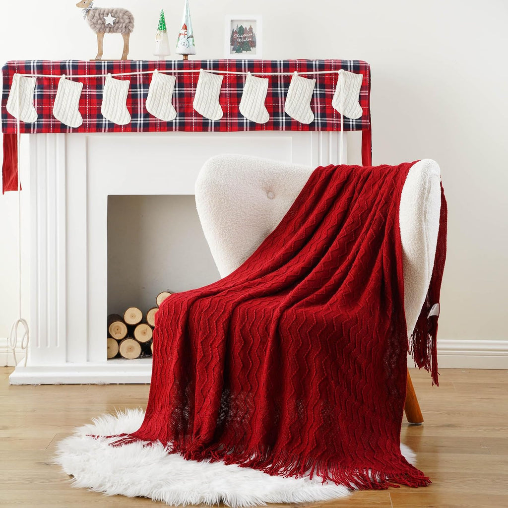 Christmas Red Throw Blanket for Couch, Textured Soft Burgundy Throw Blankets, Decorative Knitted Red Blanket for Sofa