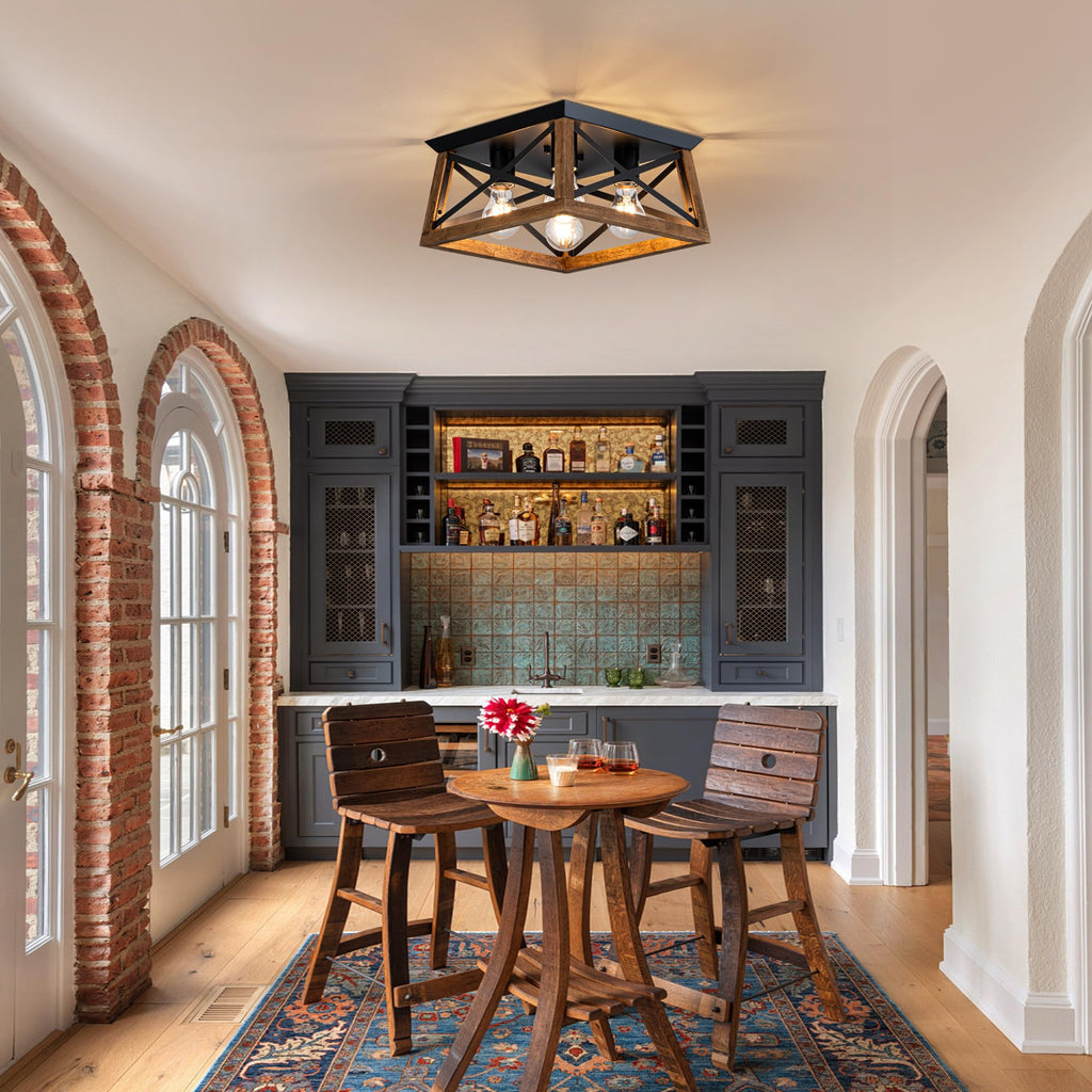 4-Light Famrhouse Light Fixture, Rustic Ceiling Light with Wood and Metal Frame, Farmhouse Flush Mount Ceiling Light