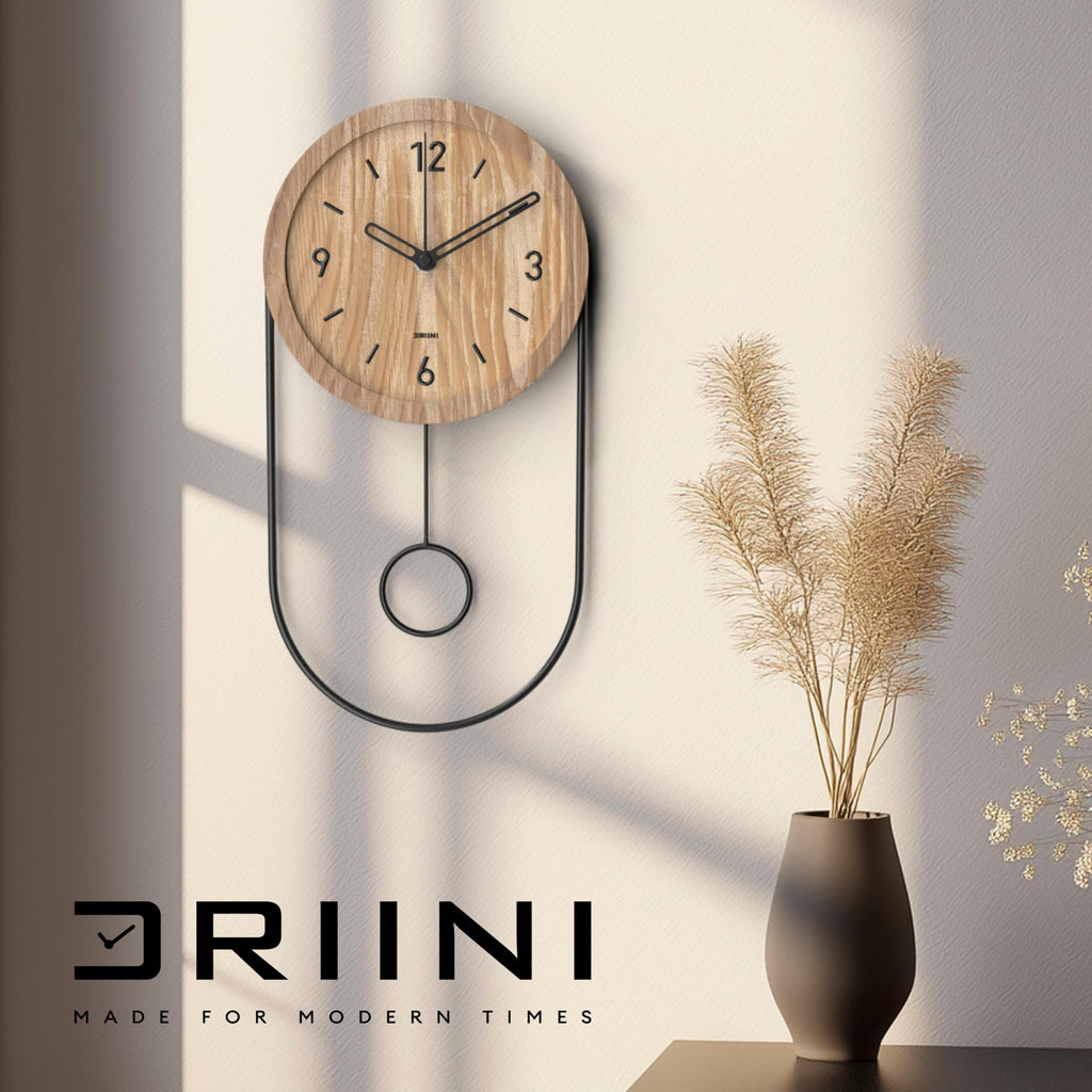 Small Unique Oval Wood Pendulum Wall Clock - Modern Oak and Gold