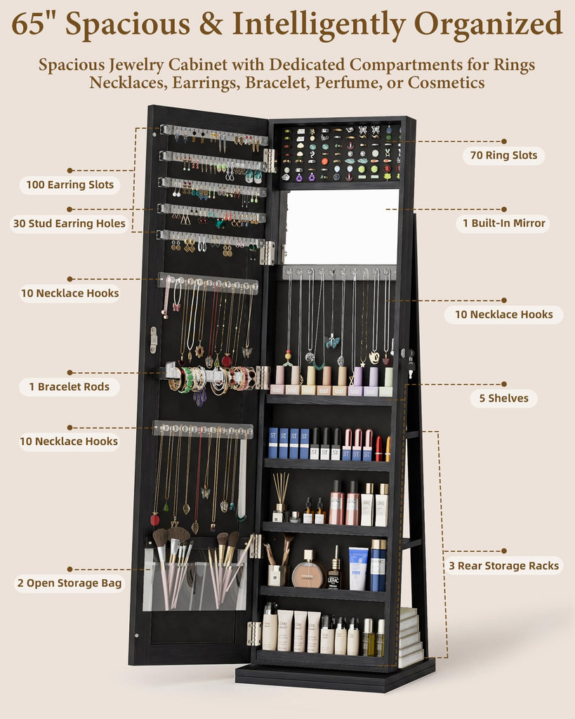 360° Swivel Jewelry Cabinet with Full-Length Mirror, Lockable, Black