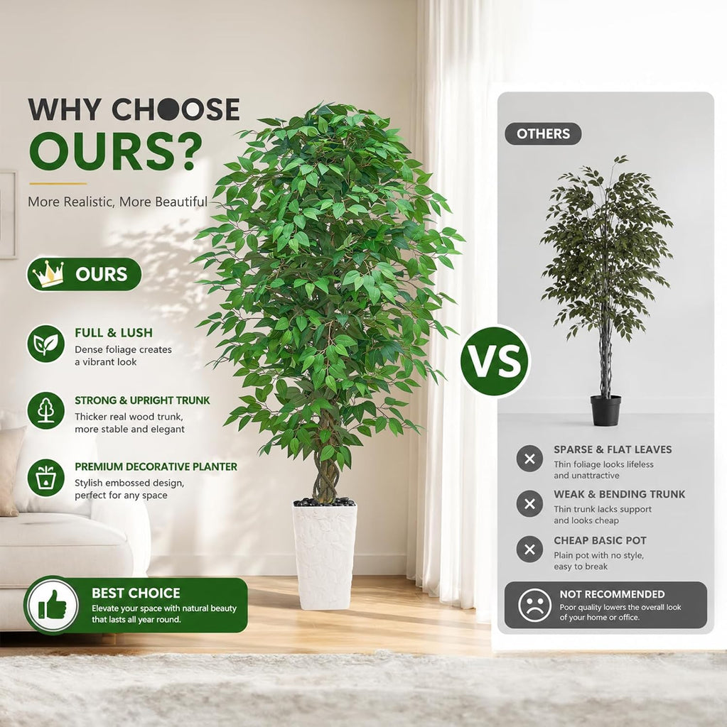 6FT Artificial Ficus Tree, Large Fake Ficus Tree White Planter