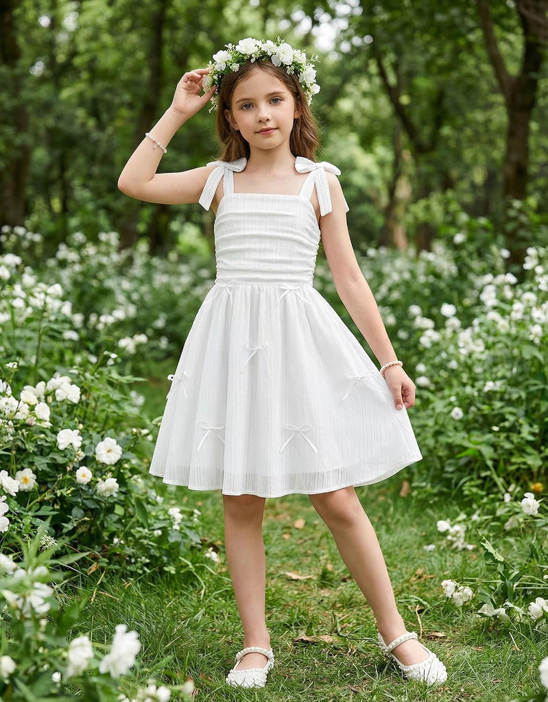 Girls Dresses Ruched Smocked Back Spaghetti Strap Bow Sundress
