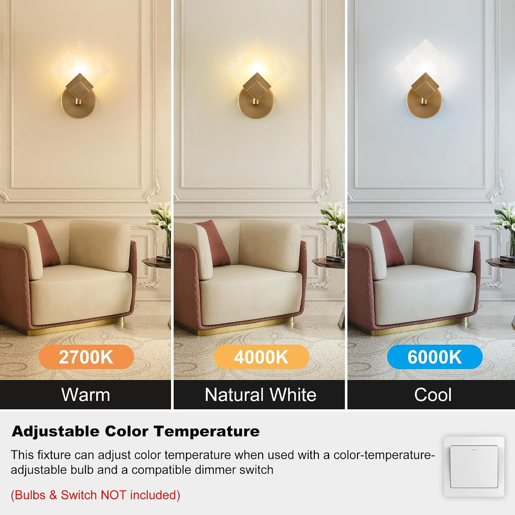 Marble Wall Sconces Set of 2, Natural Marble & Gold Square Wall Sconce Hardwired, Dimmable Wall Light Fixtures
