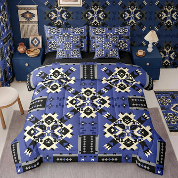 Navy Blue Southwestern Comforter Set 7-Piece Bed in a Bag | Lightweight Aztec Tribal Bedding Sets Black White