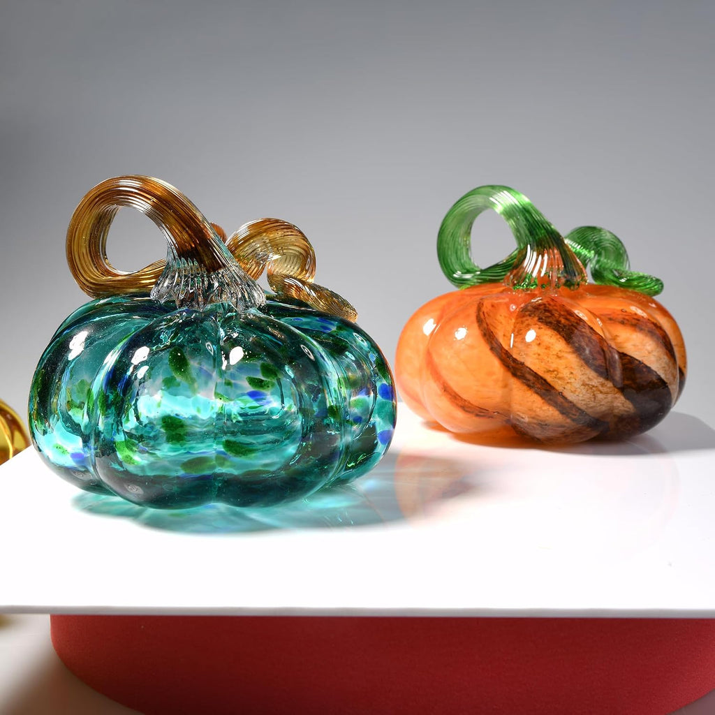Hand Blown Glass Pumpkin Figurines Collectibles, 3.15" Turquoise Blue Crystal Pumpkin Decorations for Fall Harvest