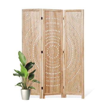66.9Inch Folding Room Divider, 3 Panels Wood Carved Privacy Screens, Free Assembled Freestanding Partition Restaurant
