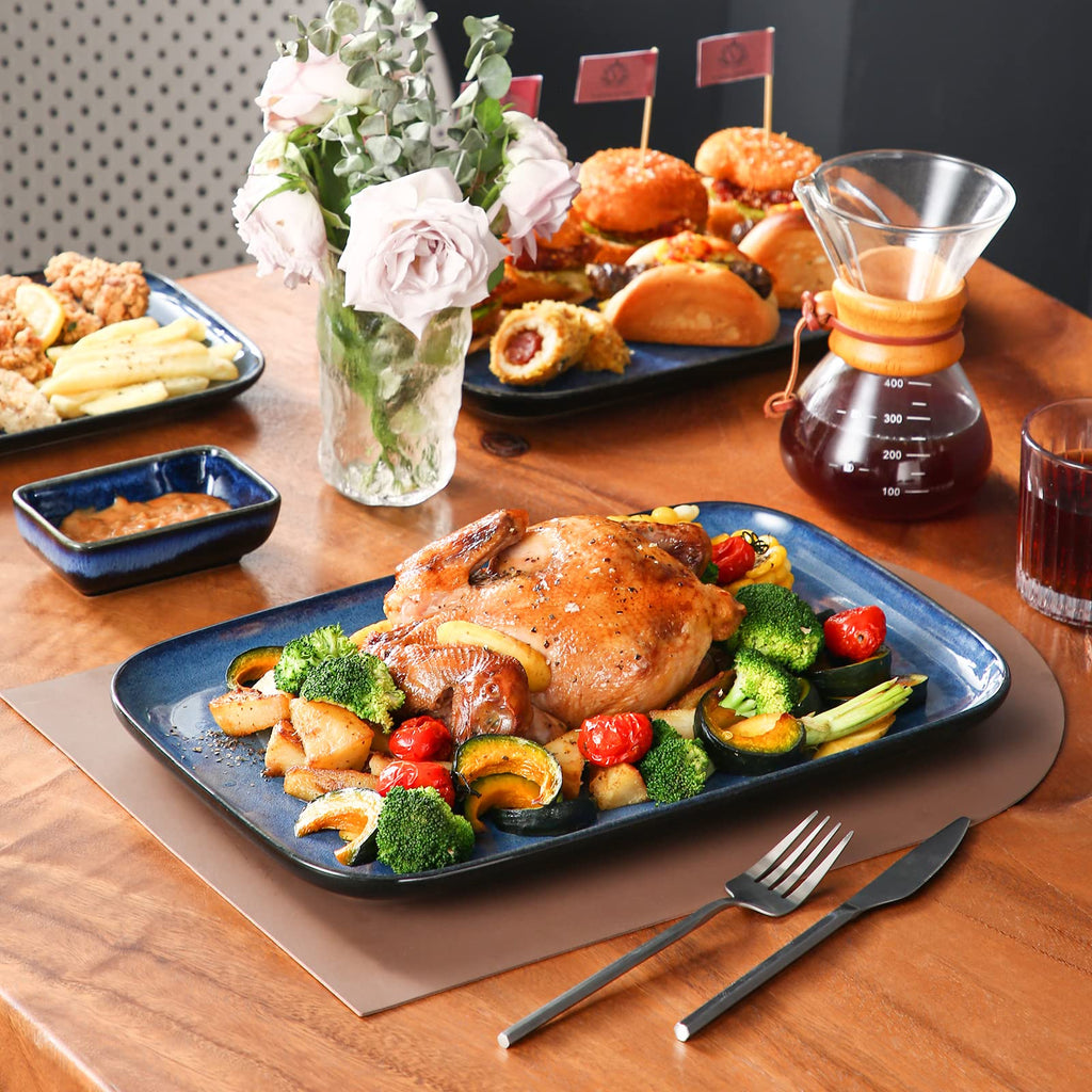 Stern Serving Platters Set of 3, 15/13/ 11 Inches Rectangular Serving Plates, Blue Serving Trays for Entertaining