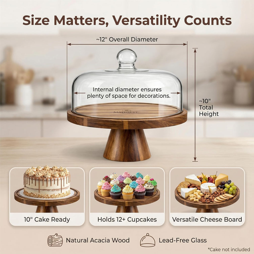 Glass Cake Stand with Lid, 11.8 Inch Dome, Rotating Acacia Wood Base
