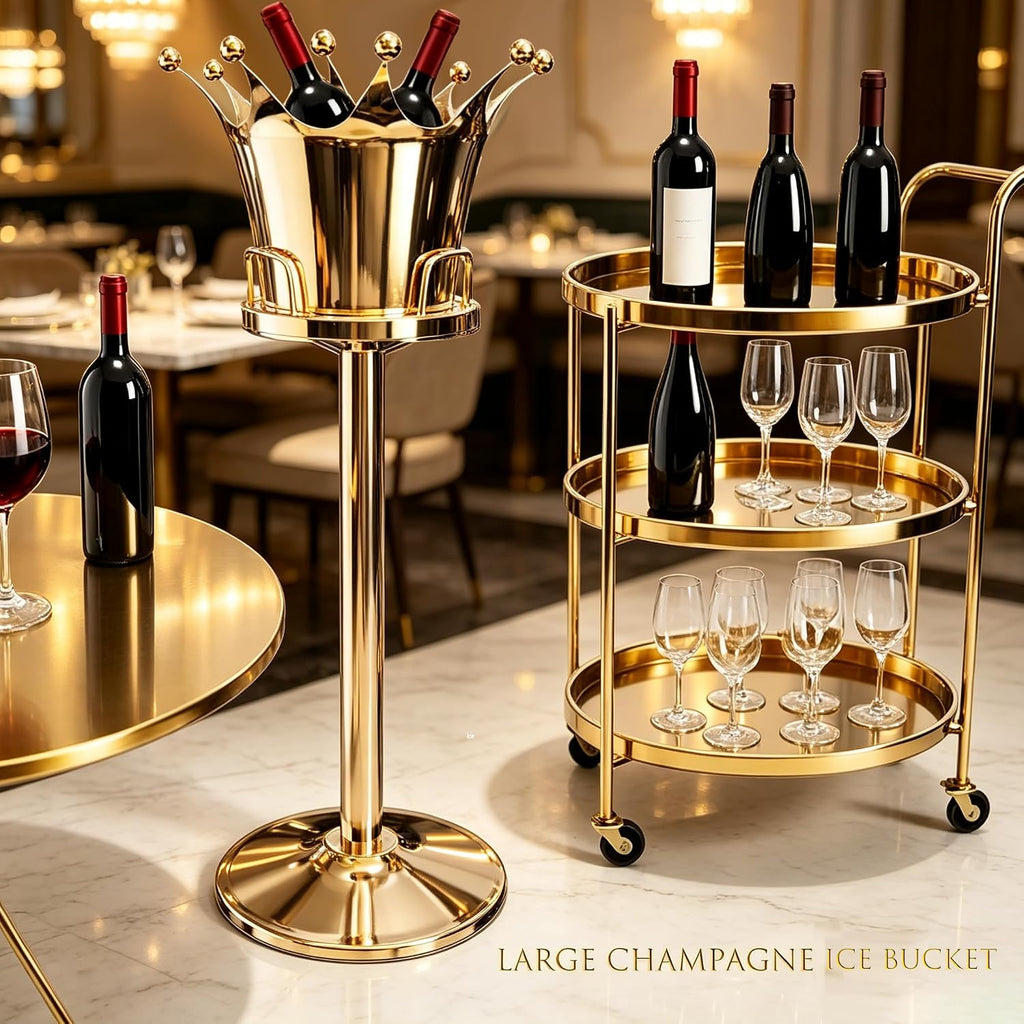 Royal Ice Bucket with Stand, Gold Ice Bucket,Stainless Steel Light-Luxury Standing Wine Bucket,Crown Design with 8