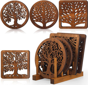 Life Tree Wooden Trivets with Storage Rack Hot Pads Trivets for Hot Dishes Pots and Pans Heat Resistant Mat Set - Set of 5