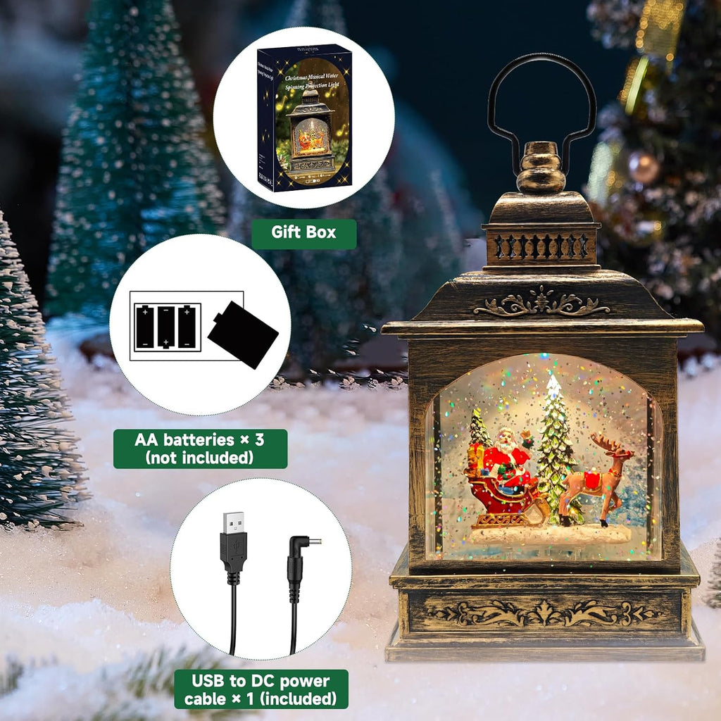 Christmas Snow Globes Lantern Lighted Water Glittering,with Santa Claus Projection/6H Timer/Music,Christmas