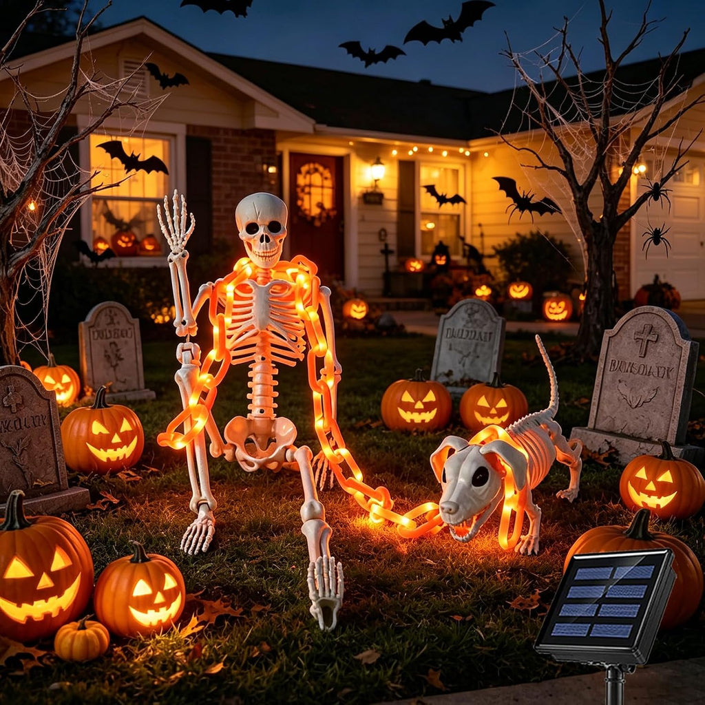 3Ft Skeleton & Dog Skeleton with Light Chain, Outdoor Halloween Decorations