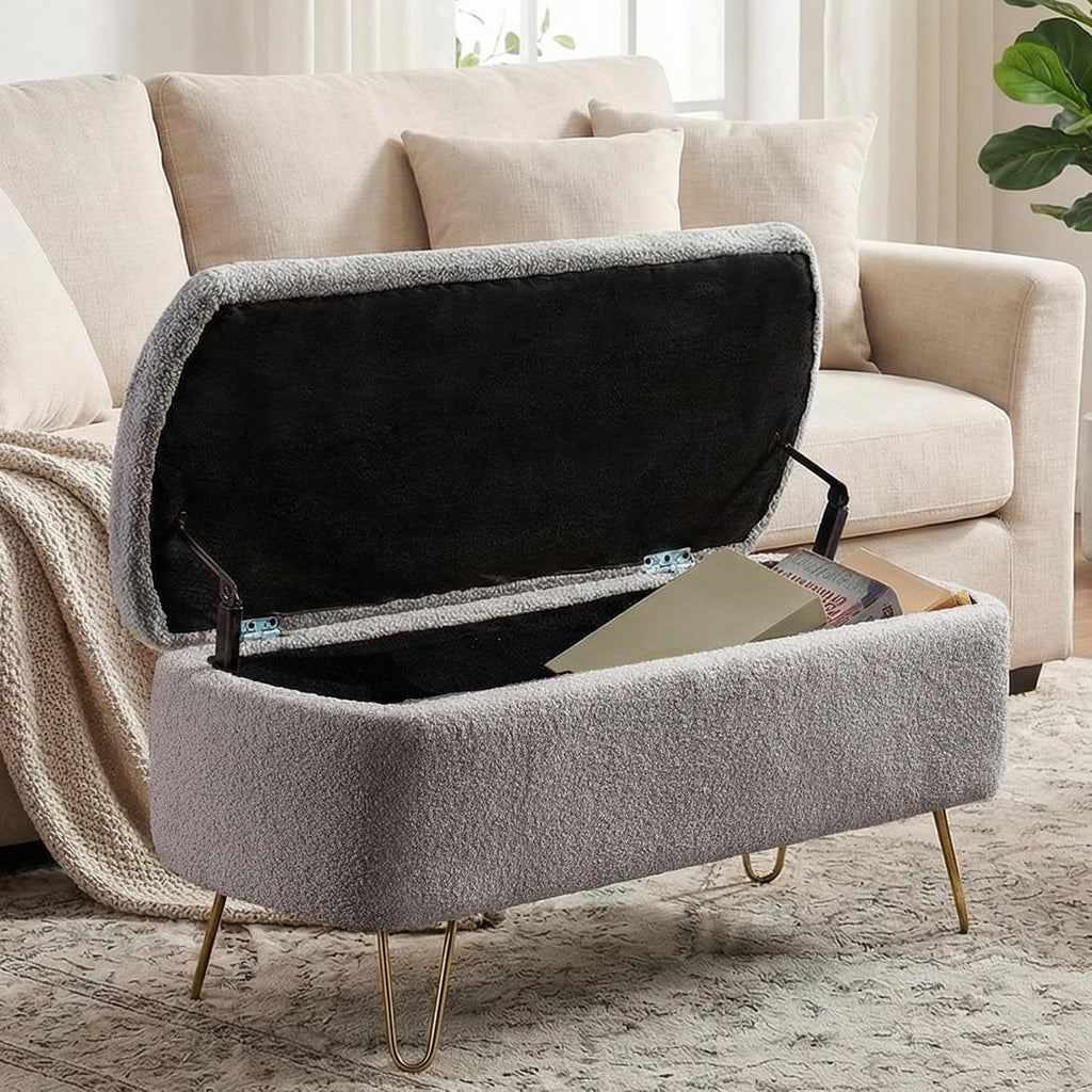 Ottoman with Storage, Small Boucle Storage Ottoman Bench,Upholstered Entryway End of Bed Bench with Cushion and Gold