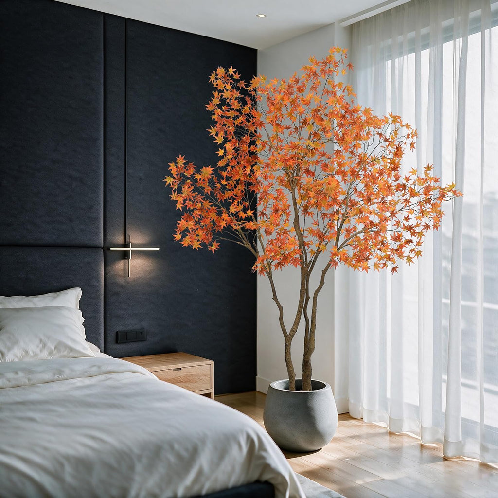 Maple Tree 7FT - Large Faux Plant Indoor with 1104 Orange Red Leaves & Realistic Trunk, 84" Tall Fake Autumn Maple