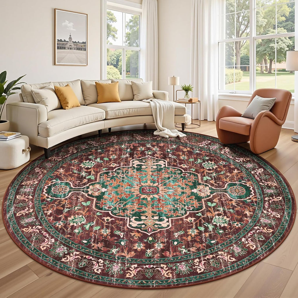 Boho Vintage Round Area Rug 8ft Machine Washable Low Pile Soft Floor Carpet Non Slip Non Shedding Ac