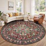 Boho Vintage Round Area Rug 8ft Machine Washable Low Pile Soft Floor Carpet Non Slip Non Shedding Ac