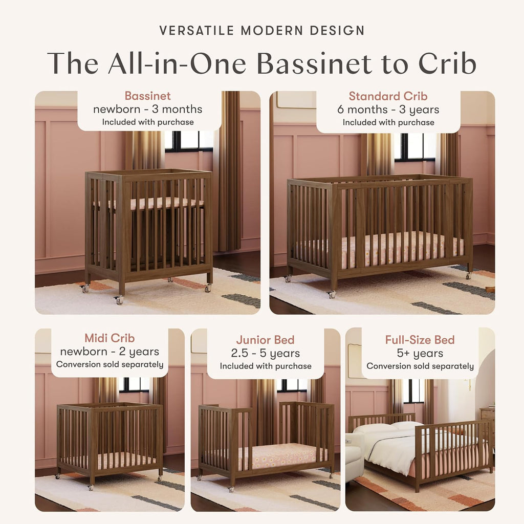 Rolli 9-in-1 Convertible All-Stages Bassinet to Full-Size Crib in Natural Walnut, Greenguard Gold Certified, Portable