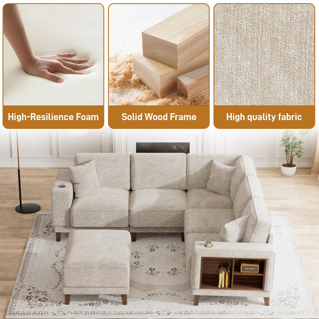 Oversized Modular Sectional Sofa, 6-Seat Deep Seat Sofa with Ottoman, USB Ports, Hidden Cup Holders, Side Storage