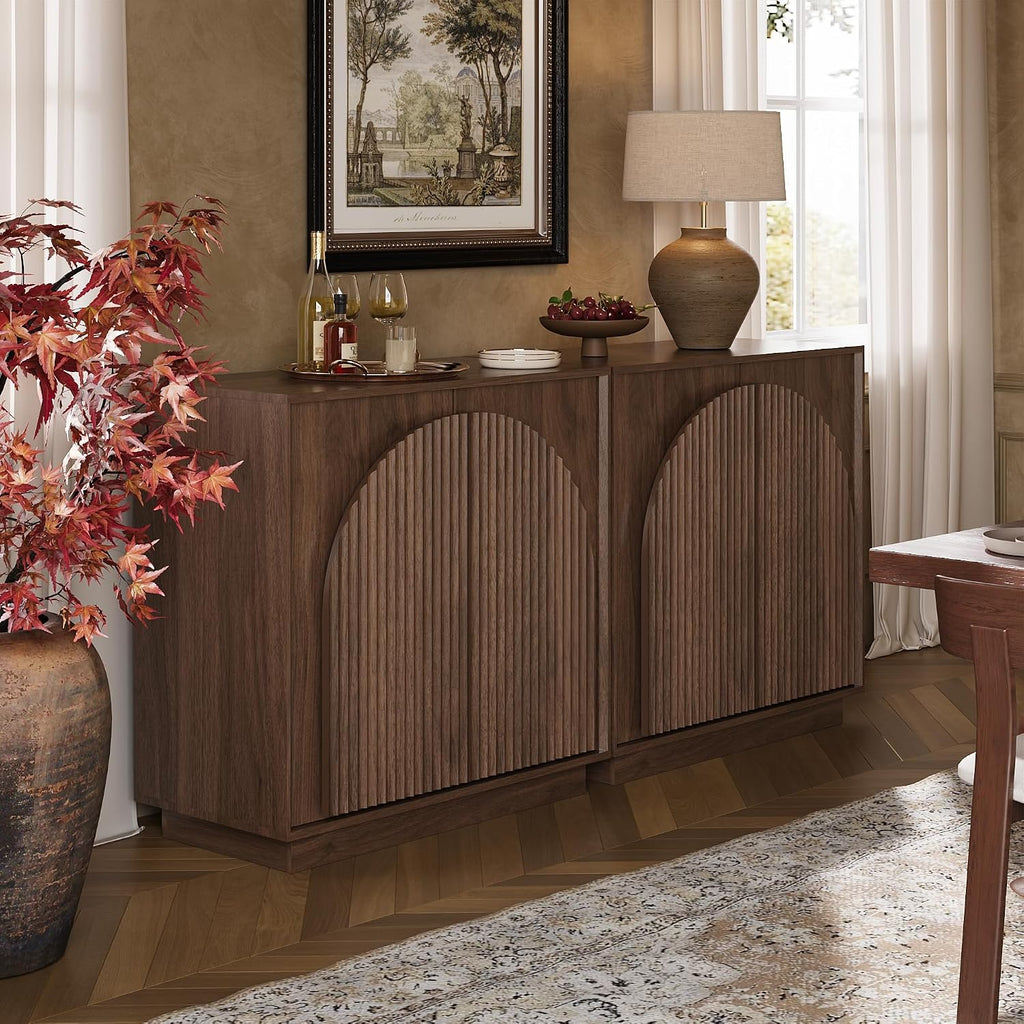 31.5" Small Buffet Cabinet with Storage, Arched Doors, Walnut, 1PCS | Modern Console Cabinet for Dining Living Room