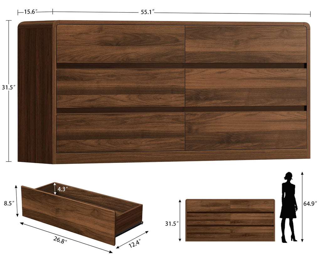 55" Dresser with 6 Drawers, Dressers & Chests of Drawers with Curved Profile Design, 6 Drawer Dresser, Bedroom
