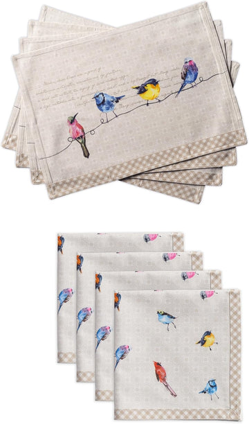 Birdies on Wire Bundle Set 100% Cotton Set of 4 Napkins (20 Inch by 20 Inch) and Set of 4 Place Mats (13 Inch by 19