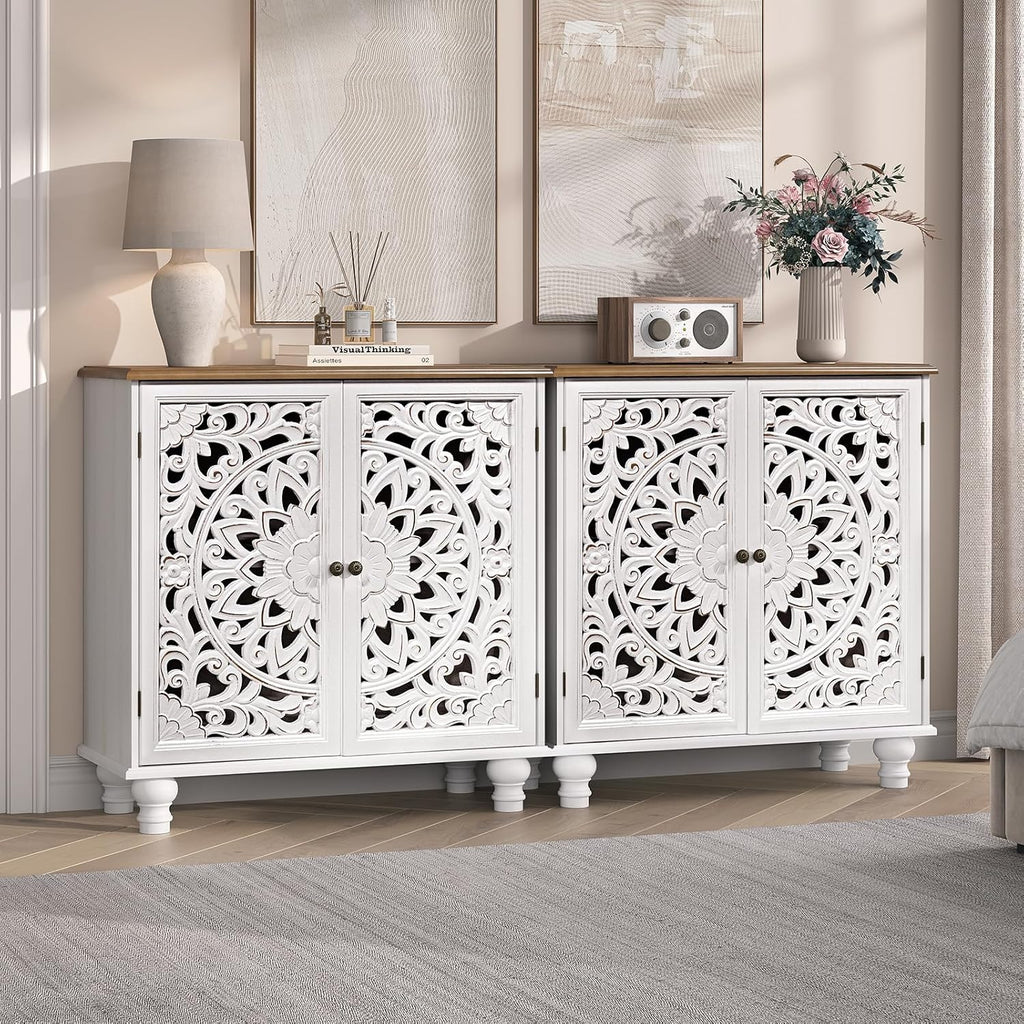 Accent Cabinet with Doors, Decorative Storage Cabinet with Adjustable Shelf, Carved Sideboard Buffet with Solid Wood