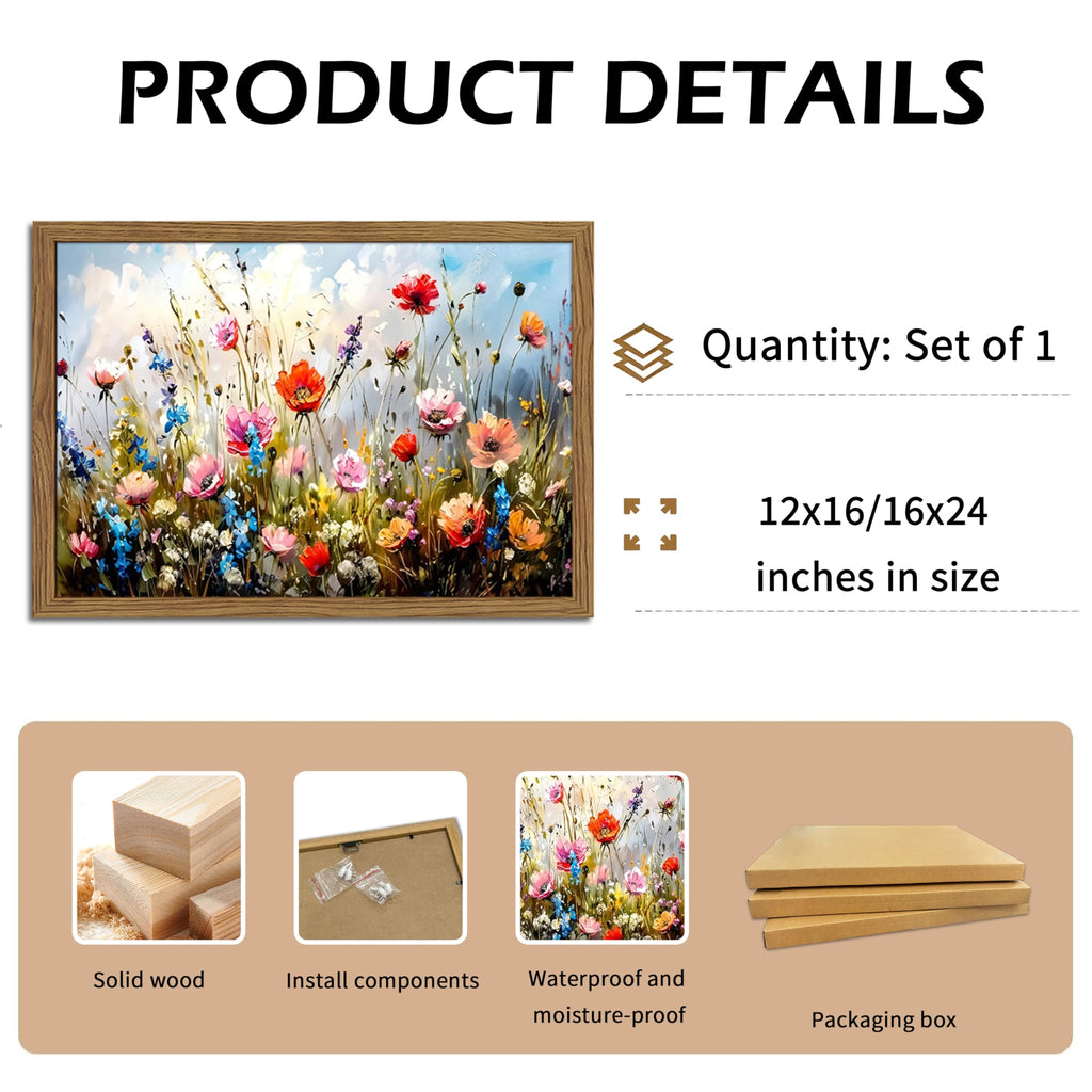 Framed Nature Floral Canvas Wall Art - Colorful Flowers Botanical Wall Decor, Floral Market Watercolour Pictures