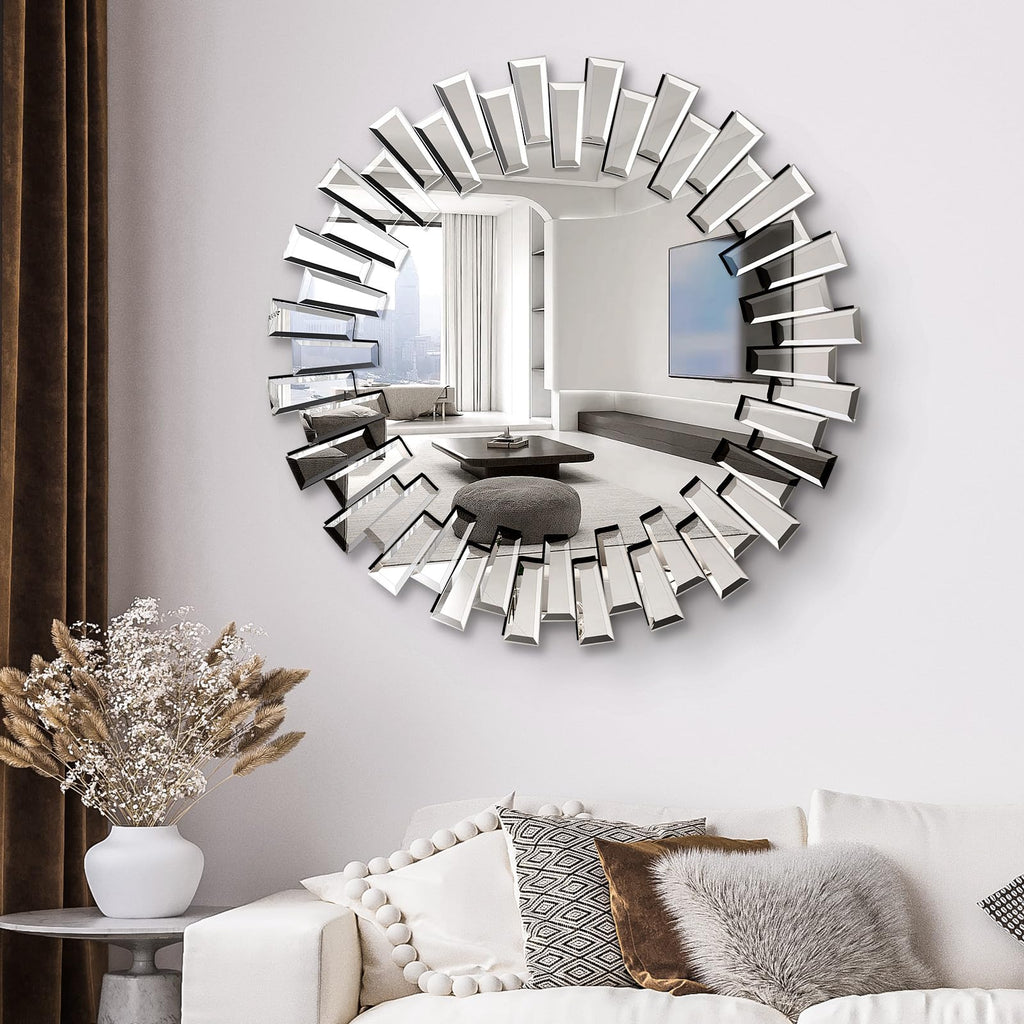 32" x32" Round Sunburst Wall Mirror, Frameless Beveled Edge