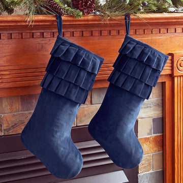 Navy Blue Velvet Christmas Stockings 18" Ruffle - Set of 2