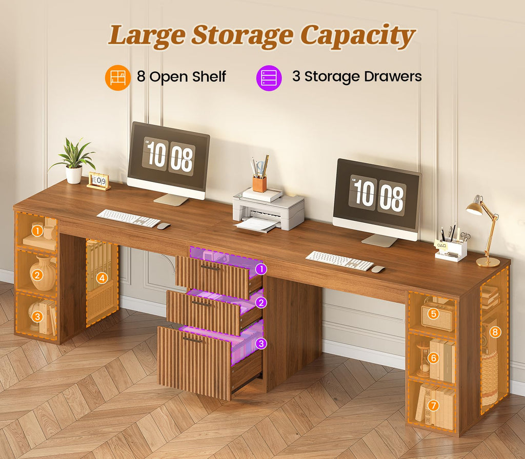 Fluted 96.5" 2 Person Computer Desk with Storage Drawers