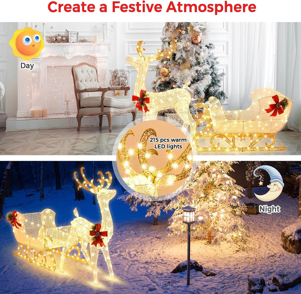 4 FT Lighted 3D Reindeer & Sleigh, Pre-lit Christmas Decoration with 215 Warm White LED Lights, 8 Ground Stakes & 30