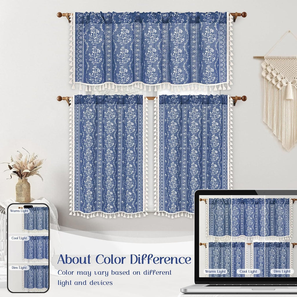 Boho Valance Curtains Vintage Linen Blue Kitchen Valances for Windows Light Filtering Bohemian Floral Valance Rod