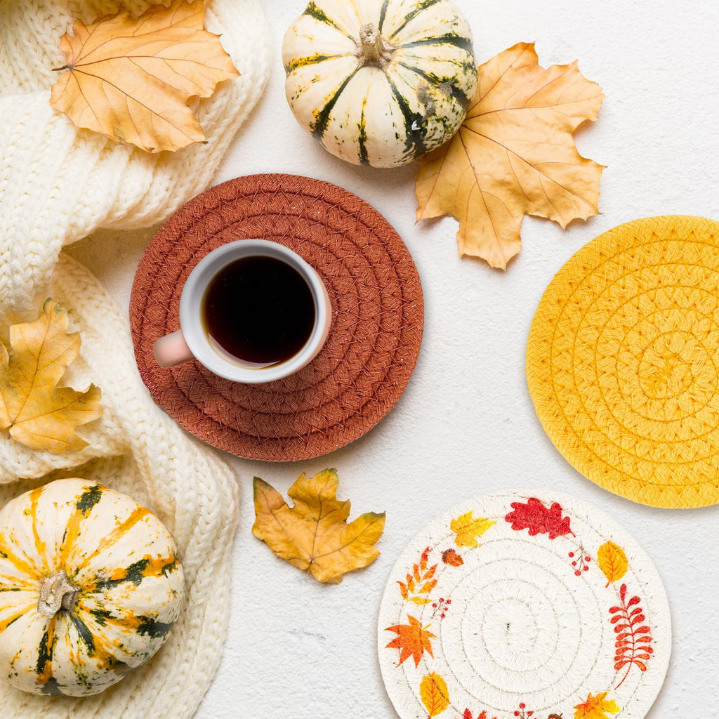 Fall Thanksgiving Coasters Maple Leaves Handmade Braided Cotton Drink Coasters Orange Yellow Non-Slip Absorbent Cup