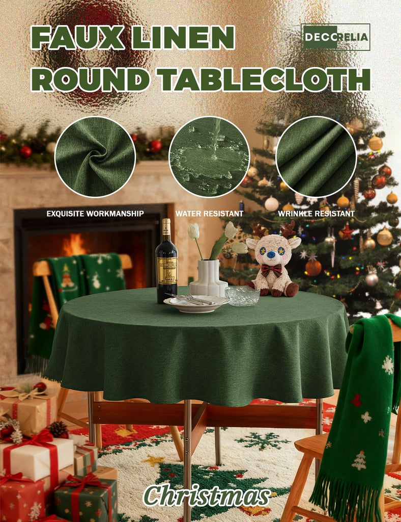 Christmas Faux Linen Round Tablecloth, Decorative Fabric Waterproof Texture Farmhouse Table Cloth Cover for Dining