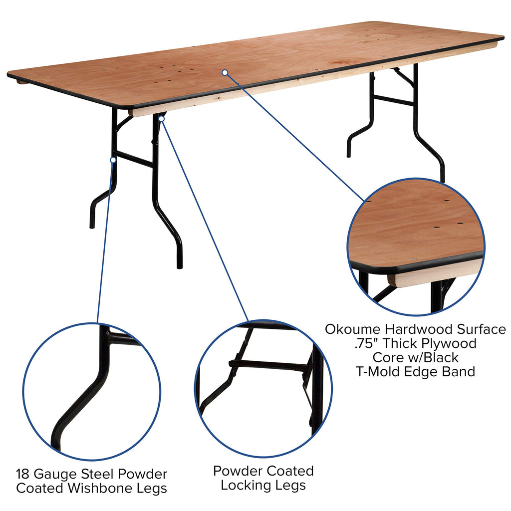 Fielder 8' Rectangular All-Occasion Wood Folding Event Table, Foldable Portable Banquet Table with Wooden Top