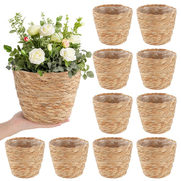 10 PCS Seagrass Plant Baskets with Plastic Liners, Woven Planter Baskets for Indoor Outdoor Plants, Wicker Flower