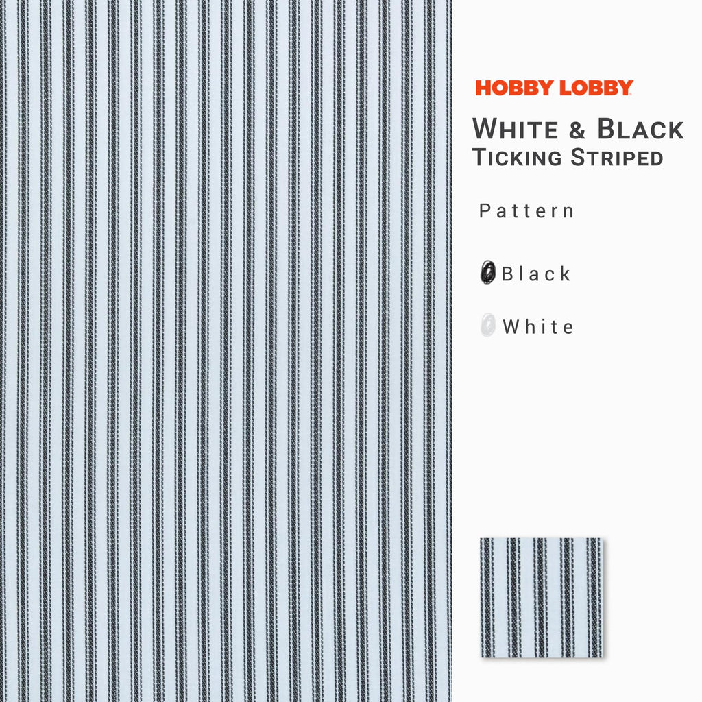 White & Black Ticking Striped Cotton Calico Fabric, 1 Yard