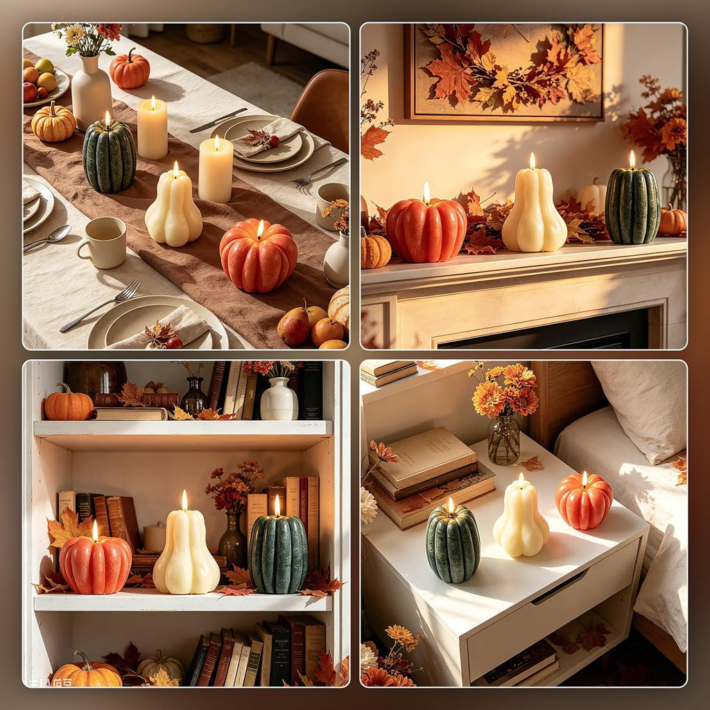Fall Pumpkin Flameless Candle, LED Battery Operated Pumpkin Candle Light with Remote, Real Wax 3D Flickering - Set of 3
