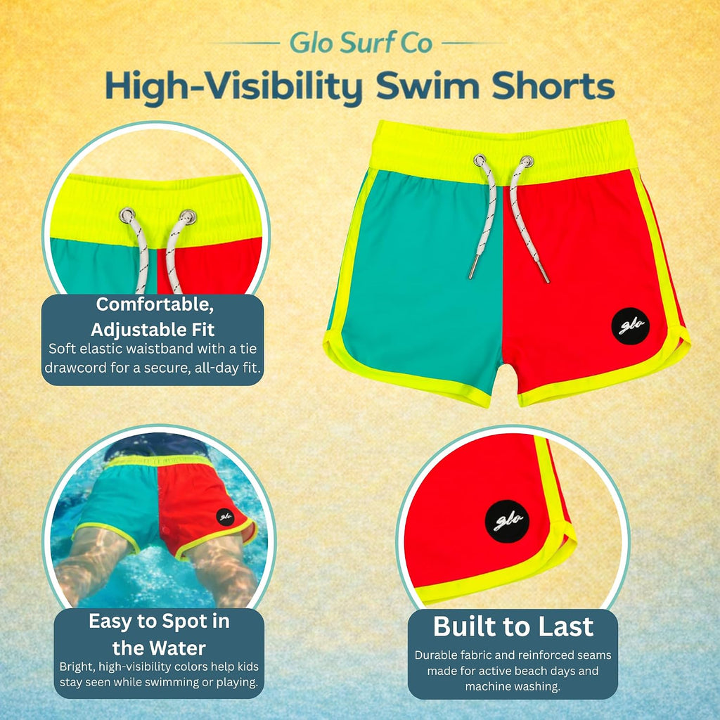 Boys Swim Trunks & Toddler Swimsuit - Neon High Visibility Board Shorts, Quick Dry Kids Surf Swimwear, 12 Months-12