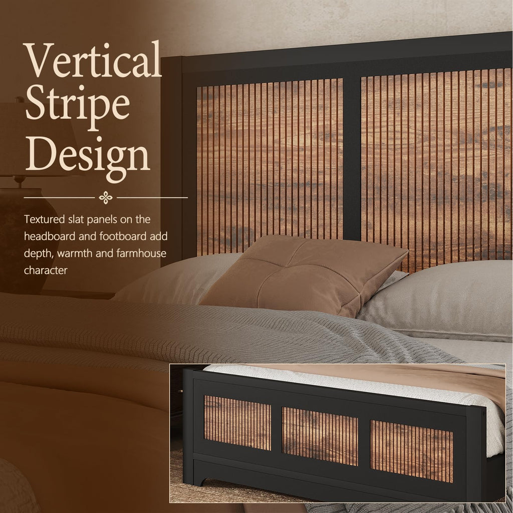 Farmhouse Bed Frame with Headboard and Footboard, Platform Bed Frame with Vertical Stripe Design, Wood Slat