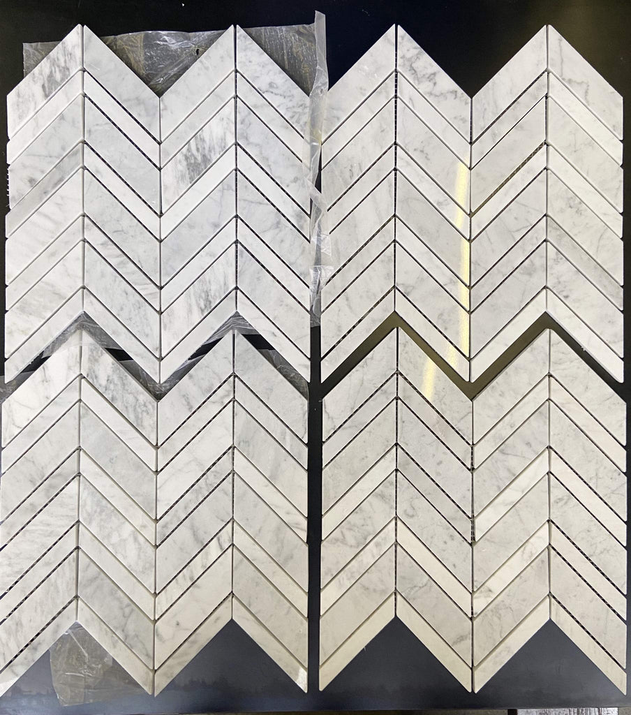 Carrara Premium Marble Chevron Mosaic Tile - Polished, 1 Sheet Backsplash, Bathroom Shower, Fireplace, Entryway