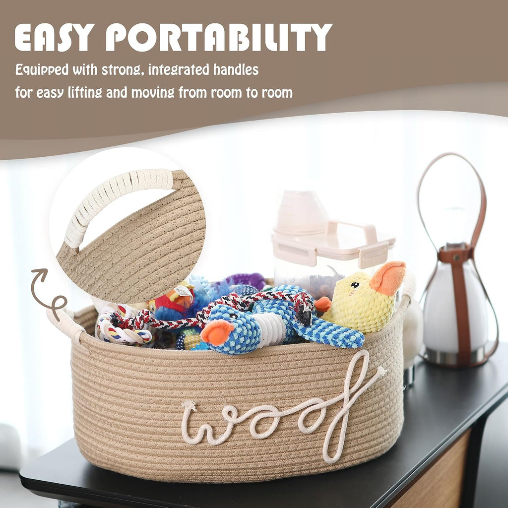 Dog Toy Storage Basket with Handles, Beige Woof
